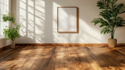 A sunlit room with wooden flooring and walls, adorned with green potted plants and an empty framed canvas, exuding warmth and tranquility within its spacious ambiance.