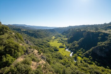 Obraz premium Lush Green Valley With Winding River Under a Clear Blue Sky on a Sunny Day in the Countryside