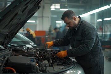 Automotive Technician Working Diligently on a Car Engine in a Busy Workshop During Daylight Hours
