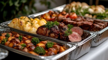 A tempting display of roasted meats, potatoes, and garnished vegetables, artfully arranged in foil trays, perfect for a sumptuous feast or event catering.