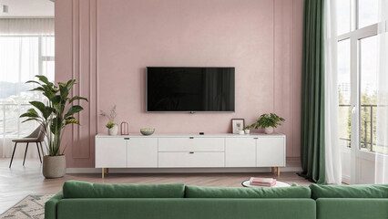 A Minimalist Living Room with Pink Wall-Mounted TV, White Cabinet, Green Sofa, and Stylish Decor Accessories