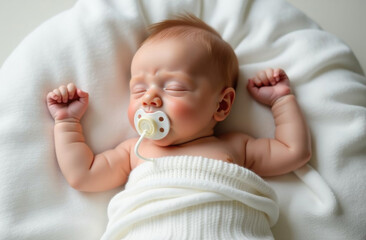 Peaceful newborn baby sleeping with pacifier on soft blanket