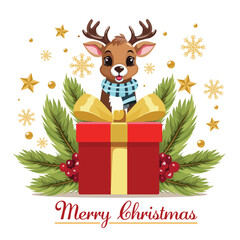 Merry Christmas Greeting Card with Cartoon Reindeer Character, Gift Box, Fir Leaves and Stars Decorated on White Background.