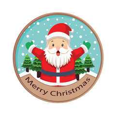 Merry Christmas Greeting Card with Excited Cartoon Santa Claus Character, Xmas Trees on Snowfall Background.