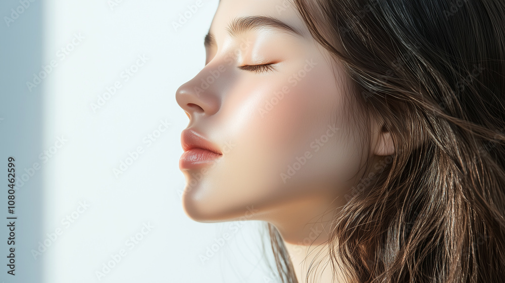 Poster 若い綺麗なアジア人女性モデルの横顔。日差しを浴びて輝いている美肌にフォーカスした美容ポートレート。