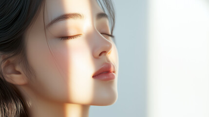 Fototapeta premium 若い綺麗なアジア人女性モデルの横顔。日差しを浴びて輝いている美肌にフォーカスした美容ポートレート。