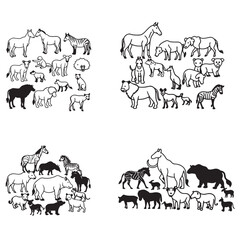 Animal and Wildlife Set Vector Illustration. Wild tiger, giraffe, happy koala, African crocodile, jungle monkey, jungle plant, and decorative.