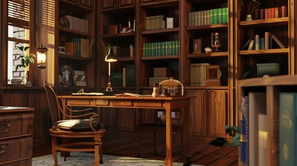 Cozy home office, Bookshelf with books, wooden writing desk adorned with family photographs and plants