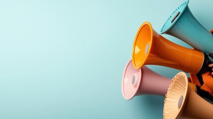 Various colored megaphones creatively arranged on a light blue background, symbolizing themes of communication and attention in a bright, modern setting.