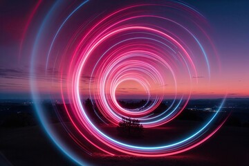 Enchanting 3D Neon Light Trails Twirling Across a Dusk Landscape