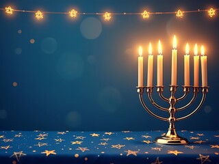 Fototapeta premium Hanukkah greetings banner with glowing candles and Star of David patterns, perfect for seasonal celebrations