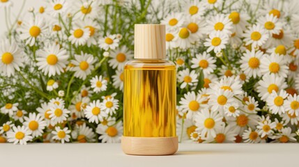 Organic chamomile essential oil.A stylish glass bottle of natural oil stands in front of a vibrant backdrop of white daisies, highlighting a blend of nature and wellness.