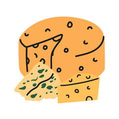 Dairy products cute set. Organic farm healthy food. Doodle flat cheese collection. Edam, gouda, cheddar, parmesan cheese and baguette. Vector poster for kitchen and cheese shop