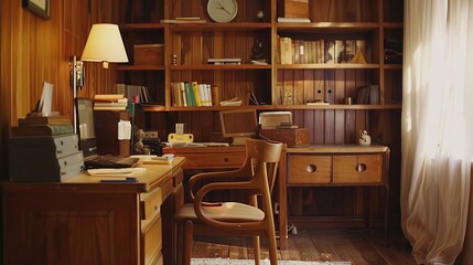 Cozy home office, Bookshelf with books, wooden writing desk adorned with family photographs and plants