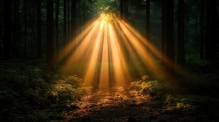 Fototapeta premium A serene forest scene with sunlight streaming through the canopy, casting warm golden rays over a tranquil wooded path surrounded by lush greenery and quiet ambiance.