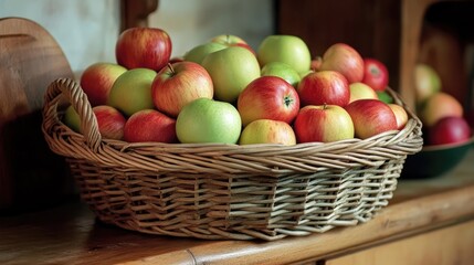 A basket filled with red, green, and yellow apples, sitting on a rustic kitchen counter, ready for baking or snacking