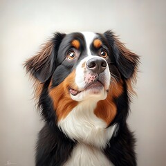 Fototapeta premium The portrait depicts a beautifully groomed Bernese Mountain Dog with large, expressive eyes and a playful expression, showcasing a mix of curiosity and innocence