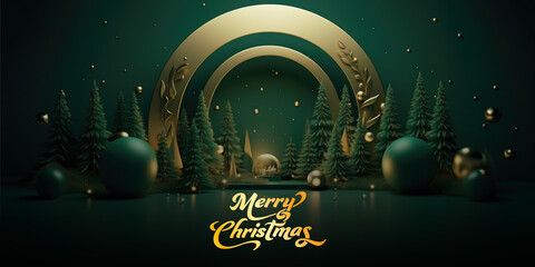 Merry Christmas Banner with Various Xmas Trees and 3D Balls Decorated on Green Background.