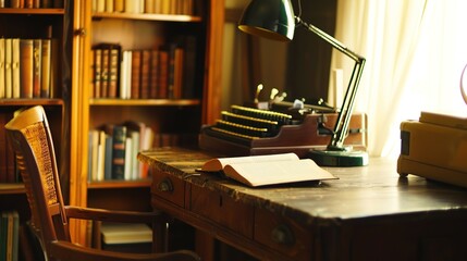 Cozy home office, Bookshelf with books, wooden writing desk adorned with family photographs and plants