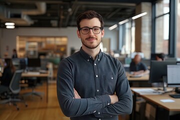 Fototapeta premium A Young Professional Poses Confidently in a Modern Office Environment During a Busy Workday