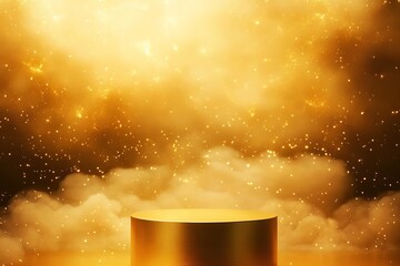 A Honey Gold podium with rich golden clouds and subtle stars, set against a soft galaxy of warm yellows and beiges, gold podium, galaxy