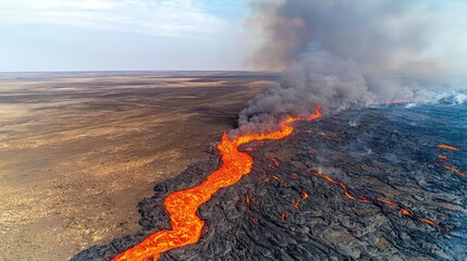 Aerial view of flowing lava and smoke in volcanic landscape.