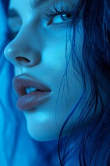 Fototapeta premium A dramatic side profile of a woman's face in striking blue lighting, highlighting features.