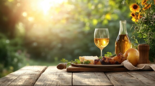 A sunlit outdoor table displaying wine and a hearty roast, garnished with herbs against a backdrop of lush greenery, offering a feast for the senses.