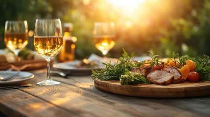 A delightful dinner spread with wine on a rustic table, surrounded by nature&rsquo;s golden glow at sunset, creating an atmosphere of warmth and satisfaction.