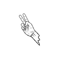 right hand raises index and middle fingers symbolizing peace black and white vector line art