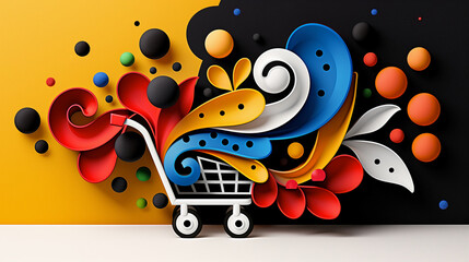 Colorful Shopping Cart Design With Abstract Patterns Representing Online Retail and Sales