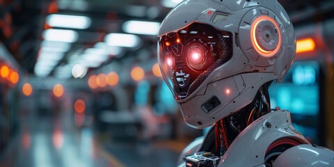 Fototapeta premium Close-up of a futuristic humanoid robot with glowing red eyes and a sleek metallic design, symbolizing advanced robotics