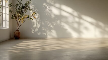 A soothing room bathed in soft sunlight with a plant casting delicate shadows, offering a peaceful, contemplative space that blends nature and tranquility perfectly.
