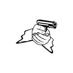 holding a firearm pointing to the side with both hands in black and white vector line art