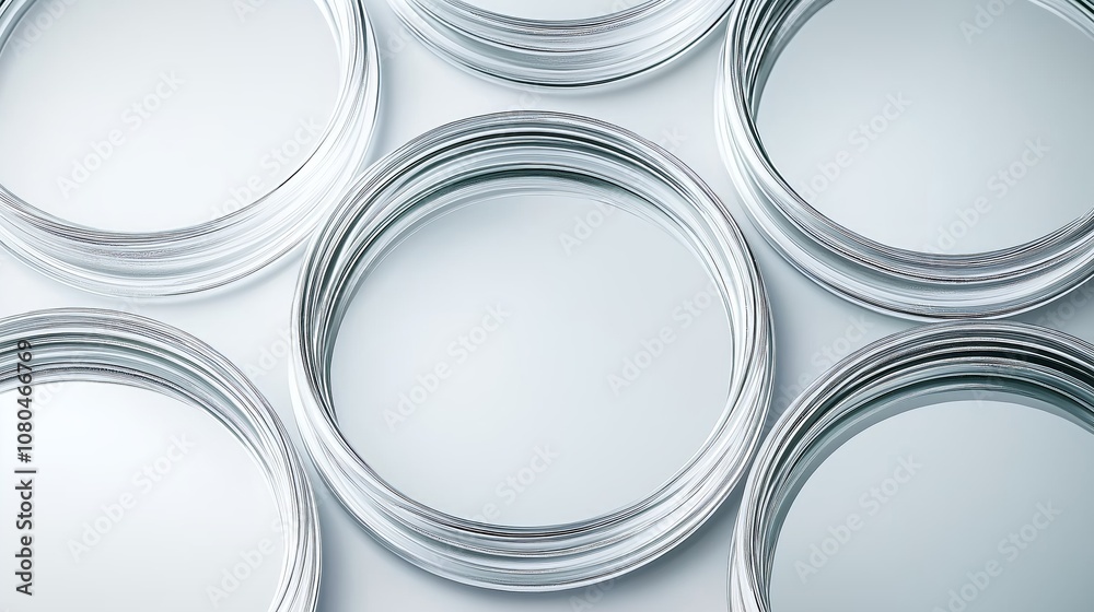 Poster Close-up of abstract circular glass rings arranged in a minimalist design, showcasing clarity, symmetry, and modern elegance in a seamless pattern, Generative AI
