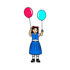 cute little girl in school uniform playing balloons cartoon vector illustration