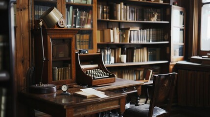 Cozy home office, Bookshelf with books, wooden writing desk adorned with family photographs and plants