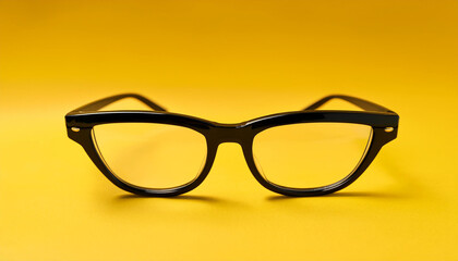 Pair of black eyeglasses against yellow backdrop. For promo poster or banner.