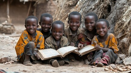 equality education volunteer service concept picture of underprivileged and poor black African primary student is reading text book while learning at school.