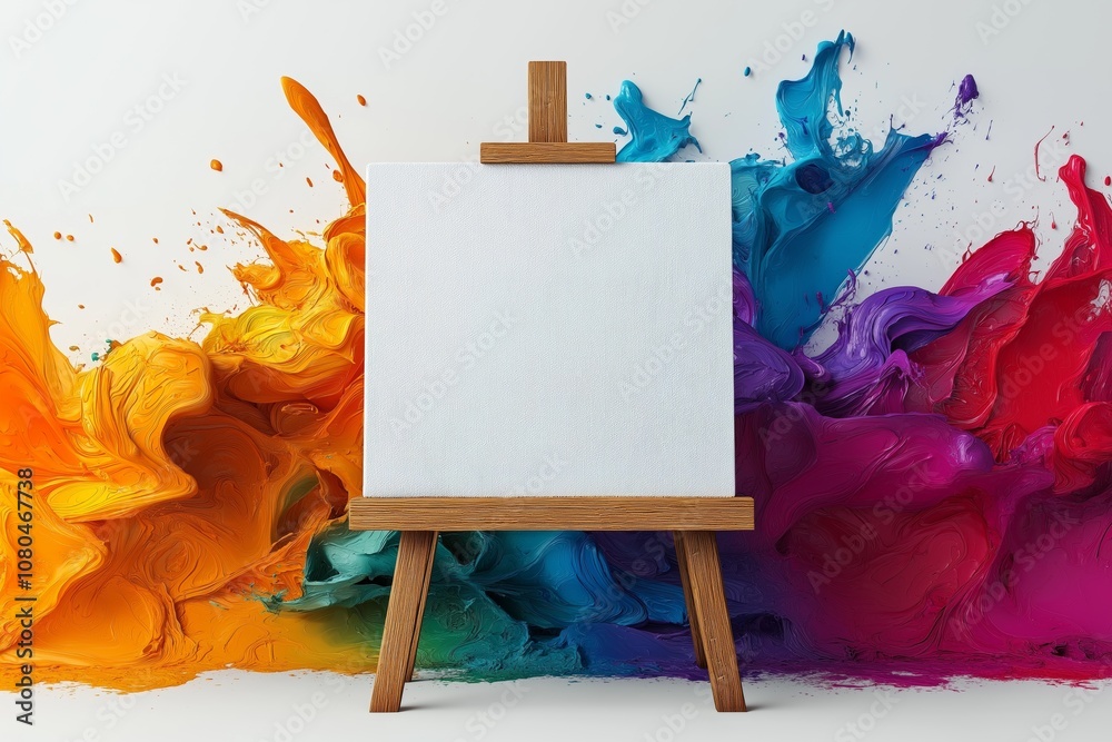 Poster blank canvas surrounded by vibrant splashes of red, blue, and yellow paint, symbolizing creativity, 