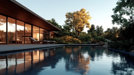 Obraz premium A luxurious modern home features a poolside setting inspired by nature, combining sleek architectural design with the lush beauty of the surrounding landscape.