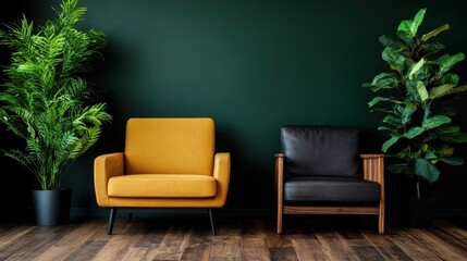 A modern setting featuring a mustard yellow chair and a dark leather chair flanked by lush green potted plants, illustrating a blend of comfort and style.