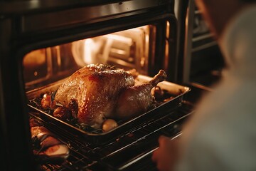 A turkey is cooking in an oven, and the steam coming out of it is making the kitchen feel warm and cozy
