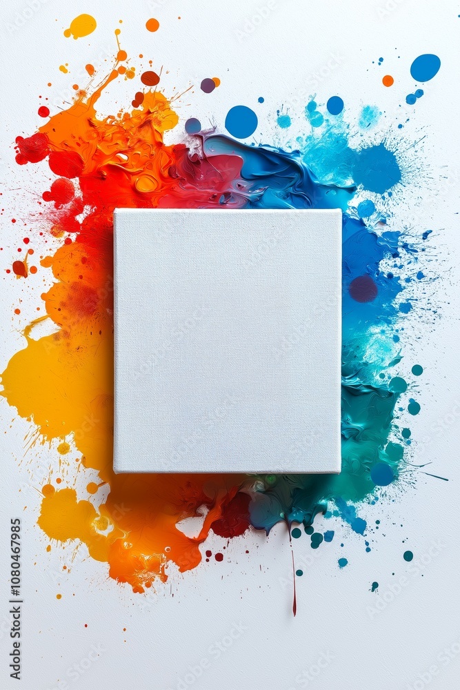 Poster blank canvas surrounded by vibrant splashes of red, blue, and yellow paint, symbolizing creativity, 
