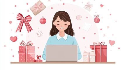 Boss Woman leadership inspiration concept. A cheerful illustration of a woman working on a laptop surrounded by colorful gifts and decorations, creating a festive atmosphere.