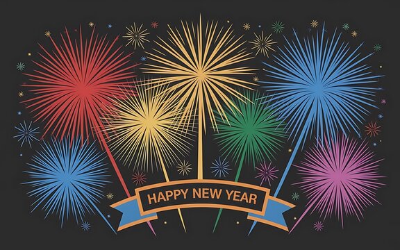 Vibrant Happy New Year design with fireworks exploding in bright colors