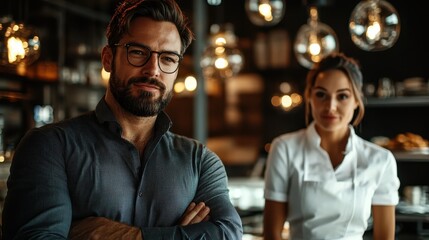 A confident man with glasses and a woman in chef attire stand in a dimly lit, stylish restaurant, exuding professionalism and warmth in a sophisticated environment.