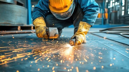 Worker with protective gear grinding steel, close-up, safety in metalworking 