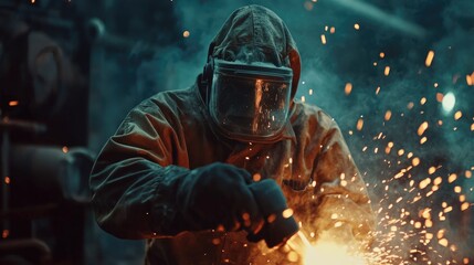 Worker with protective gear grinding steel, close-up, safety in metalworking 