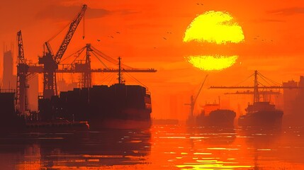 Obraz premium Witness cargo ships silhouetted against a stunning dawn at lasalus port